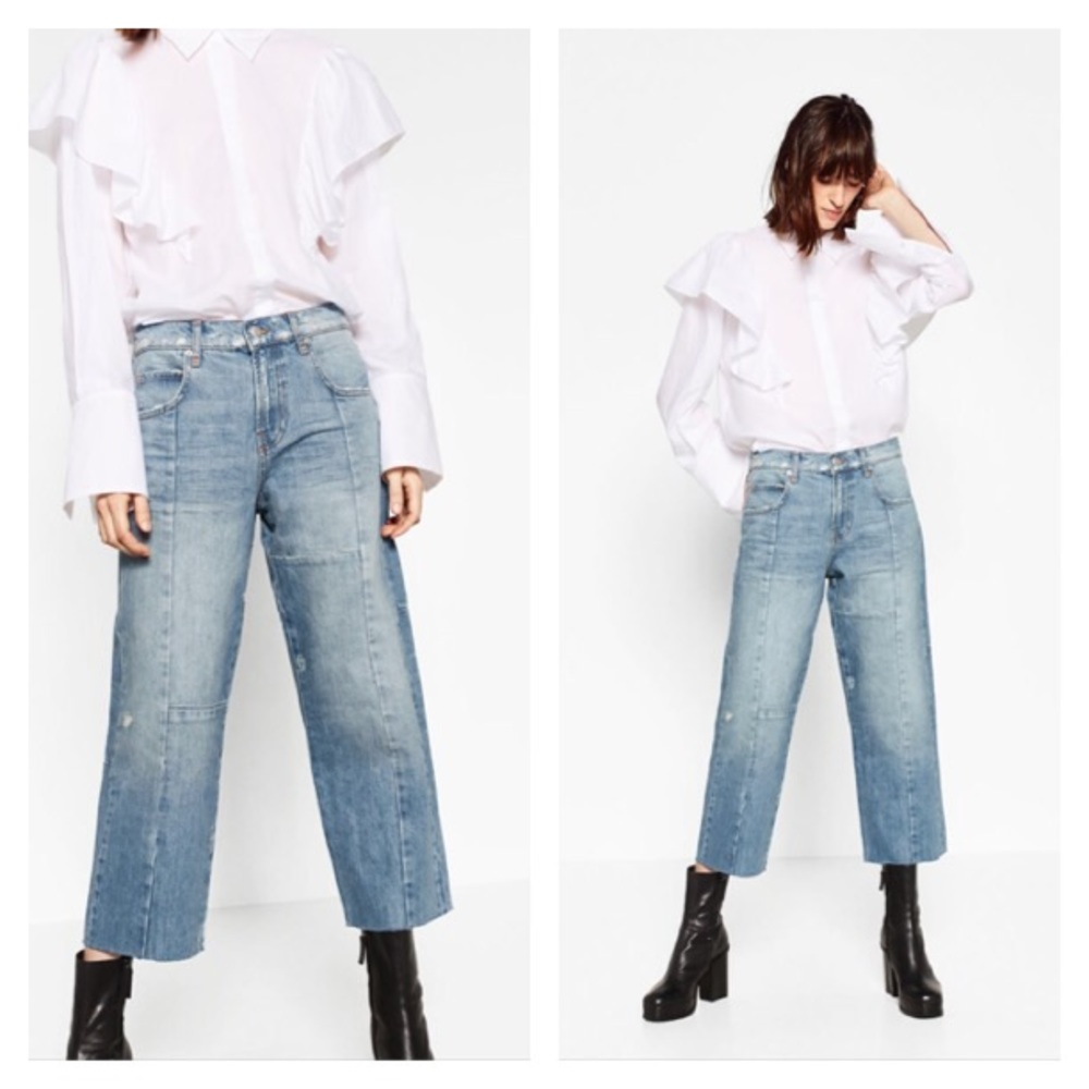 NWT Zara Cropped Patch Culotte Jeans High Rise sz2